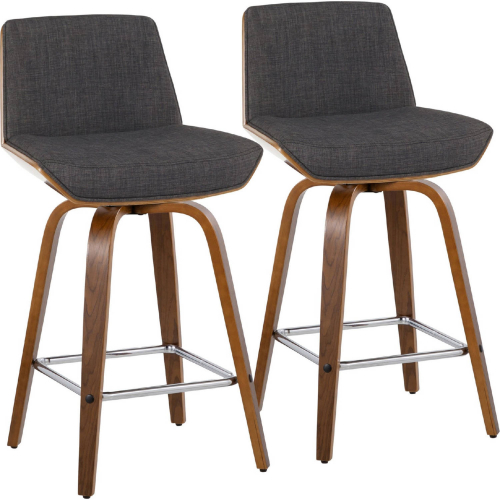 Corazza 26" Swivel Counter Stool in Walnut Wood & Charcoal Fabric w/ Chrome Footrest (Set of 2)